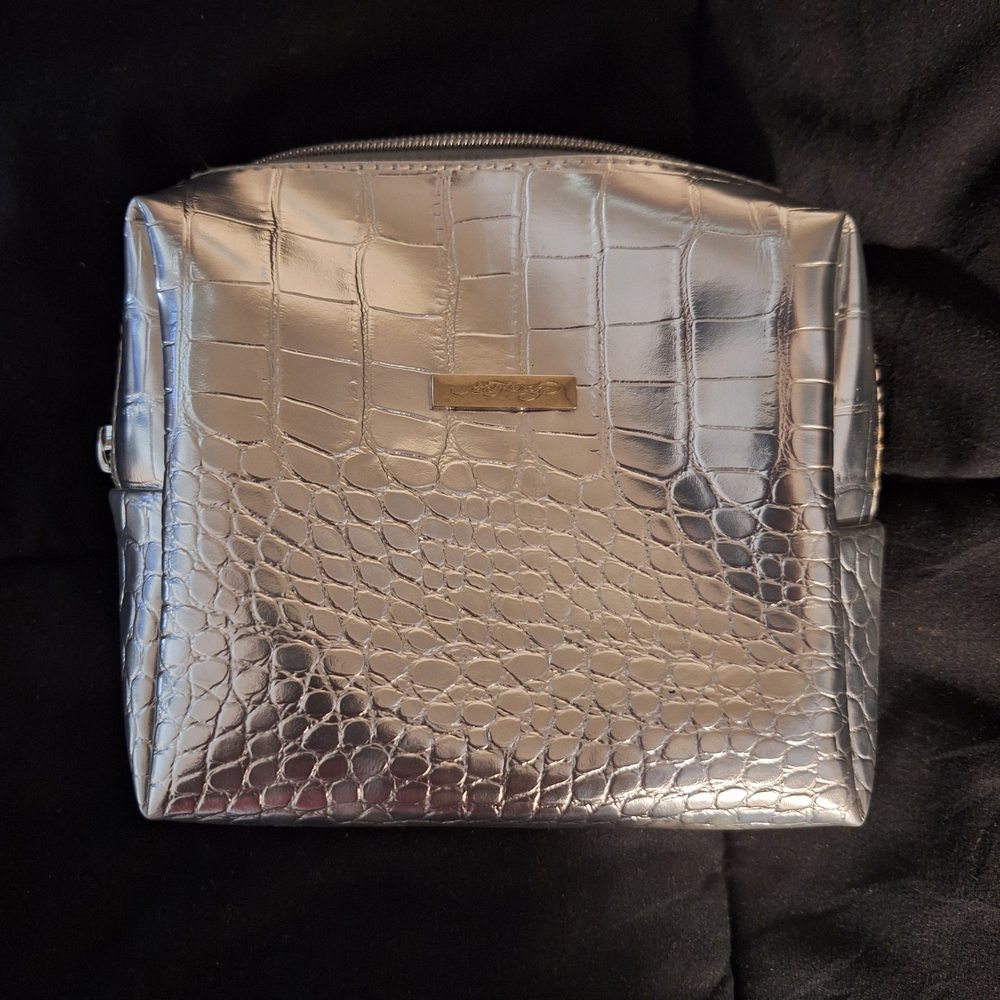 Ed Hardy Silver Crocodile Embossed Women's Cosmetic Bag